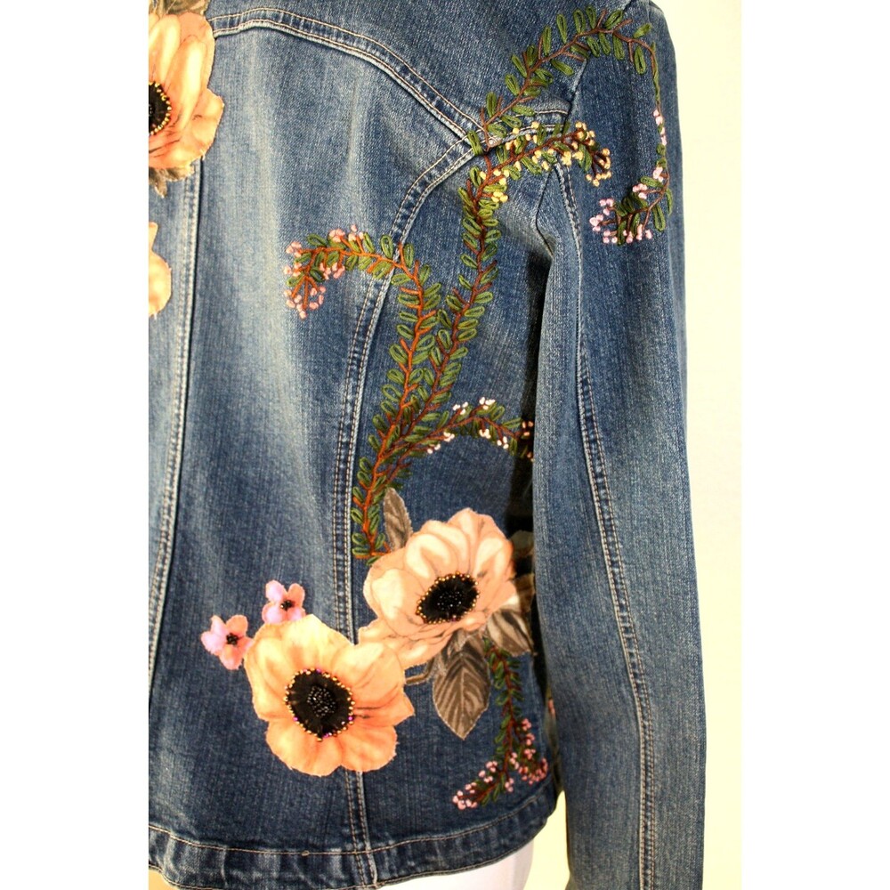 Upcycled OOAK LIVE A LITTLE Denim Jacket Embroidered Beaded Floral Applique XL * - Picture 10 of 13